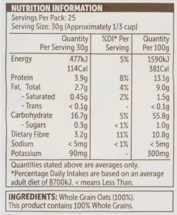 Whole Grain Oats Ingredients